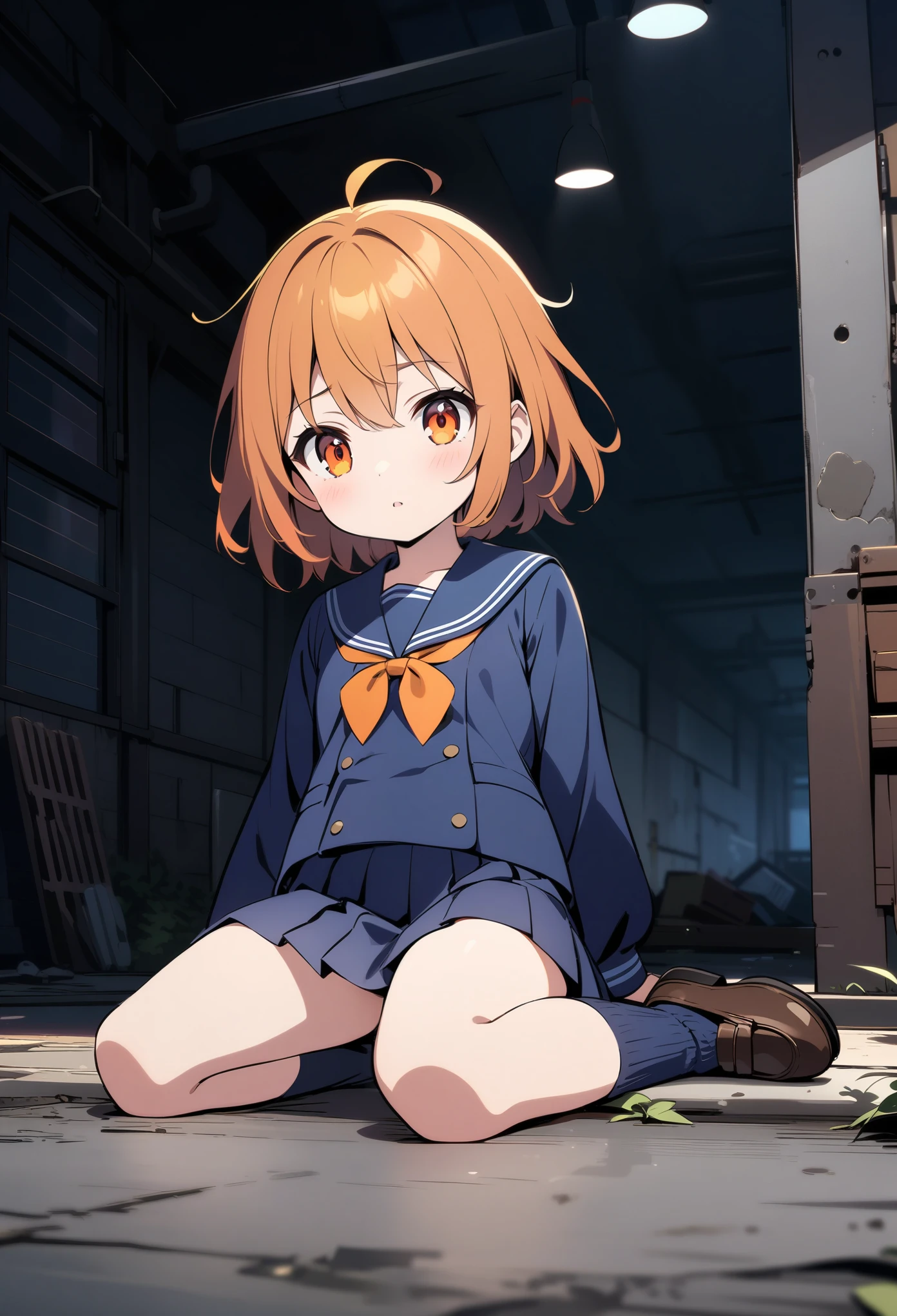 顶级animation质量，animation，HD，1080P，solo，(low angle)，a child girl，child body，cute，close mouth，extremely detailed tangerine hair and orange eyes，messy hair，(dark blue school uniform)，Cotton socks，Interior shoes，Kneel and sit on the ground，Abandoned factory interior background，[at night]，depth of field，dark feeling，(cool feeling)，(Gloomy atmosphere)