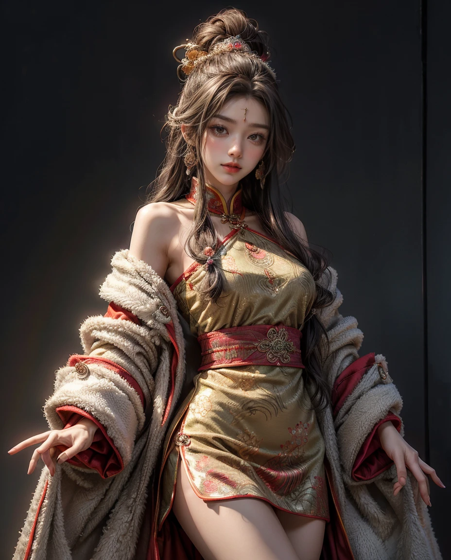 (tmasterpiece,best qualtiy,realisticlying:1.37),(Complex and sophisticated,Highly detailed skin and face),(1girll),solo,standing on your feet,a beauty girl,Tibetan clothing,Colorful costumes, Fleece collar, Padded collar,High-end Tibetan clothing,Cumbersome Tibetan costume design,Warm clothing,Winter clothing,Appearance Yang Chaoran,Rounded face shape,Gorgeous Tibetan costumes,Cumbersome Tibetan necklace,Cumbersome Tibetan headdress,Colored headband,cinematic pastel lighting,8k wallpaper,Solidarity,artstation,High resolution CG