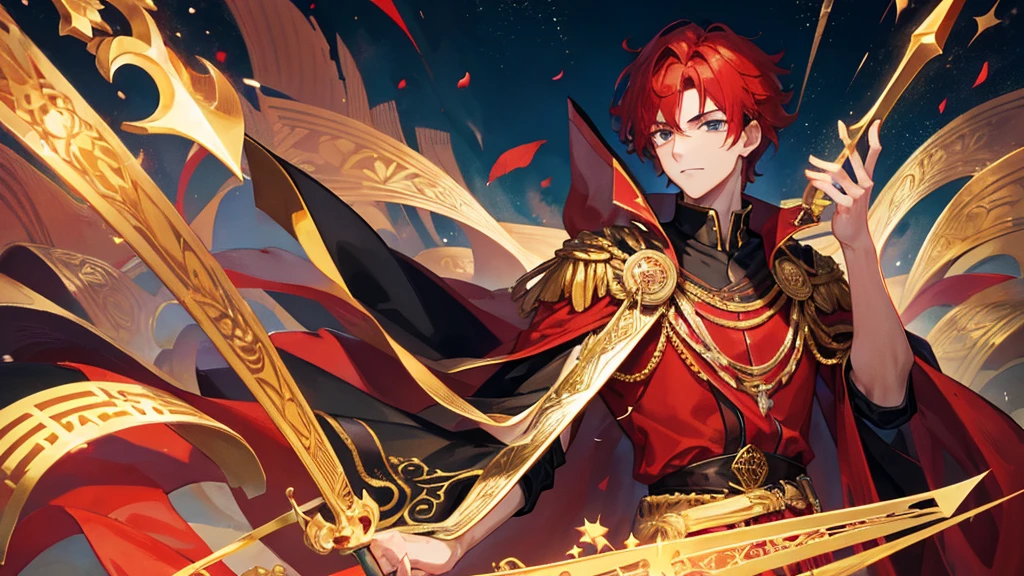 handsome boy, red hair, black eyes, golden crown , black royal clothes, crescent-shaped knife in his hand, 8k resolution, sky