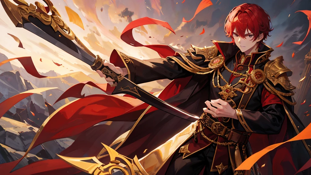 handsome boy, red hair, black eyes, golden crown , black royal clothes, crescent-shaped knife in his hand, 8k resolution, sky