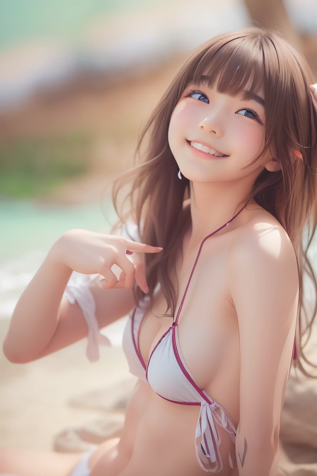 ((sfw: 1.4)), ((sfw, micro white bikini, beach, bony body, smile, 1 girl)), ultra high resolution, (real: 1.4), RAW photo, highest quality, (photorealistic), focus ,Soft light,((15 years old)),((Japanese)),(((Young face))),(Surface),(Depth of field),Masterpiece,(Photoreal),Woman,Bangs,( (1 girl)