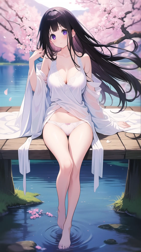 Stunning Chitanda, There is only one beautiful girl,purple eyes, black hair, Naturally straight hair, straight bangs,extremely refined,lips open,flowing long hair,Peerless beautiful girl, dreamlike,Slim,soft, (Sensual), (kawaii), Dream quality,White loose pajamas,no underwear,by the lakeside,Cherry tree,big breasts,bare shoulders,Clavicle exposed,bare neck,Bare thighs,Exposing the groin,camel toe,bare legs,barefoot,extremely shy,ultra high resolution, (masterpiece:1.2, best quality), (Exquisite and beautiful eyes: 1.2), (Beautiful and delicate face)