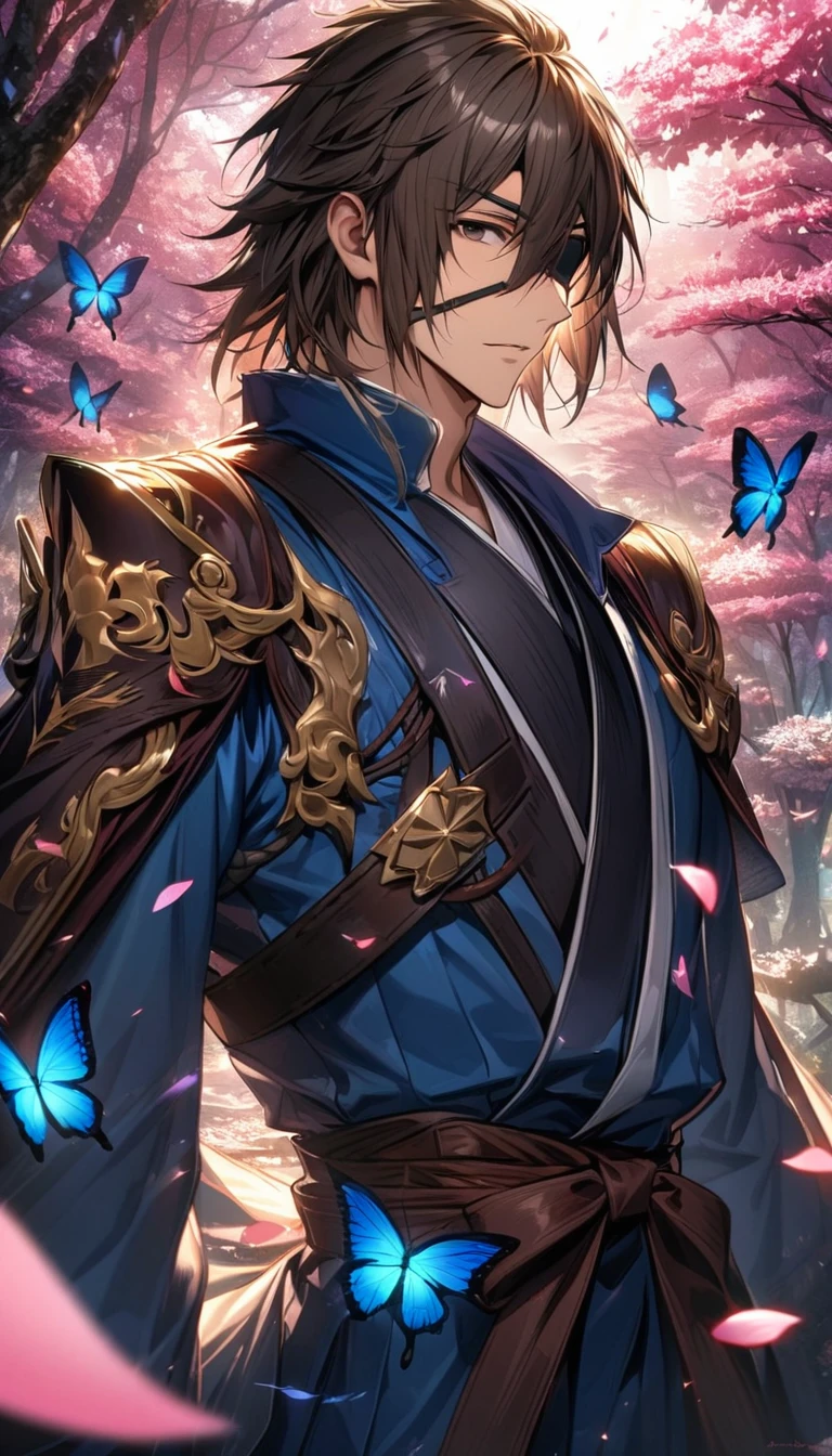 Ultra detailed, Highres, absurdres, HDR, Date Masamune, brown medium length hair, hair between the eyes, brown eye, black eye patch, Sengoku basara, petals, handsome, 1 man only, pink forest, butterflies, blue clothes