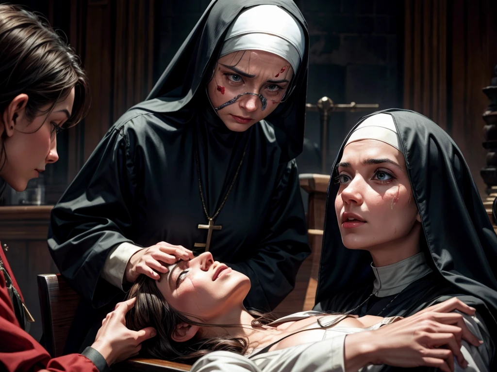 a nun administering first aid to an injured person at a disaster scene, sorrowful facial expressions, dramatic lighting, oil painting, detailed hands and facial features, realistic textures, professional quality, vibrant colors, emotional intensity