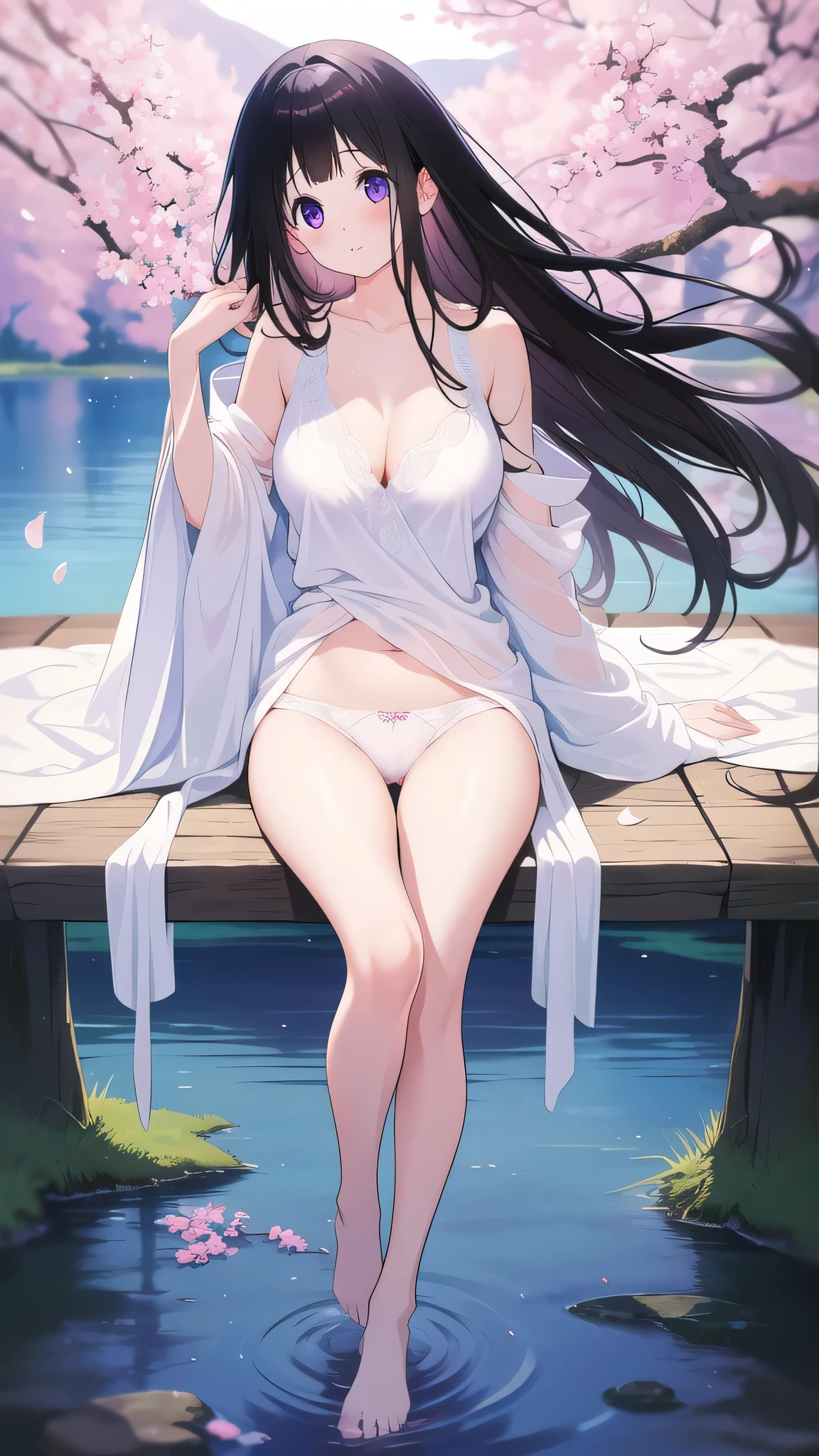 Stunning Chitanda, There is only one beautiful girl,purple eyes, black hair, Naturally straight hair, straight bangs,extremely refined,lips open,flowing long hair,Peerless beautiful girl, dreamlike,Slim,soft, (Sensual), (kawaii), Dream quality,White loose pajamas,no underwear,by the lakeside,Cherry tree,big breasts,bare shoulders,Clavicle exposed,bare neck,Bare thighs,Exposing the groin,camel toe,bare legs,barefoot,extremely shy,ultra high resolution, (masterpiece:1.2, best quality), (Exquisite and beautiful eyes: 1.2), (Beautiful and delicate face)