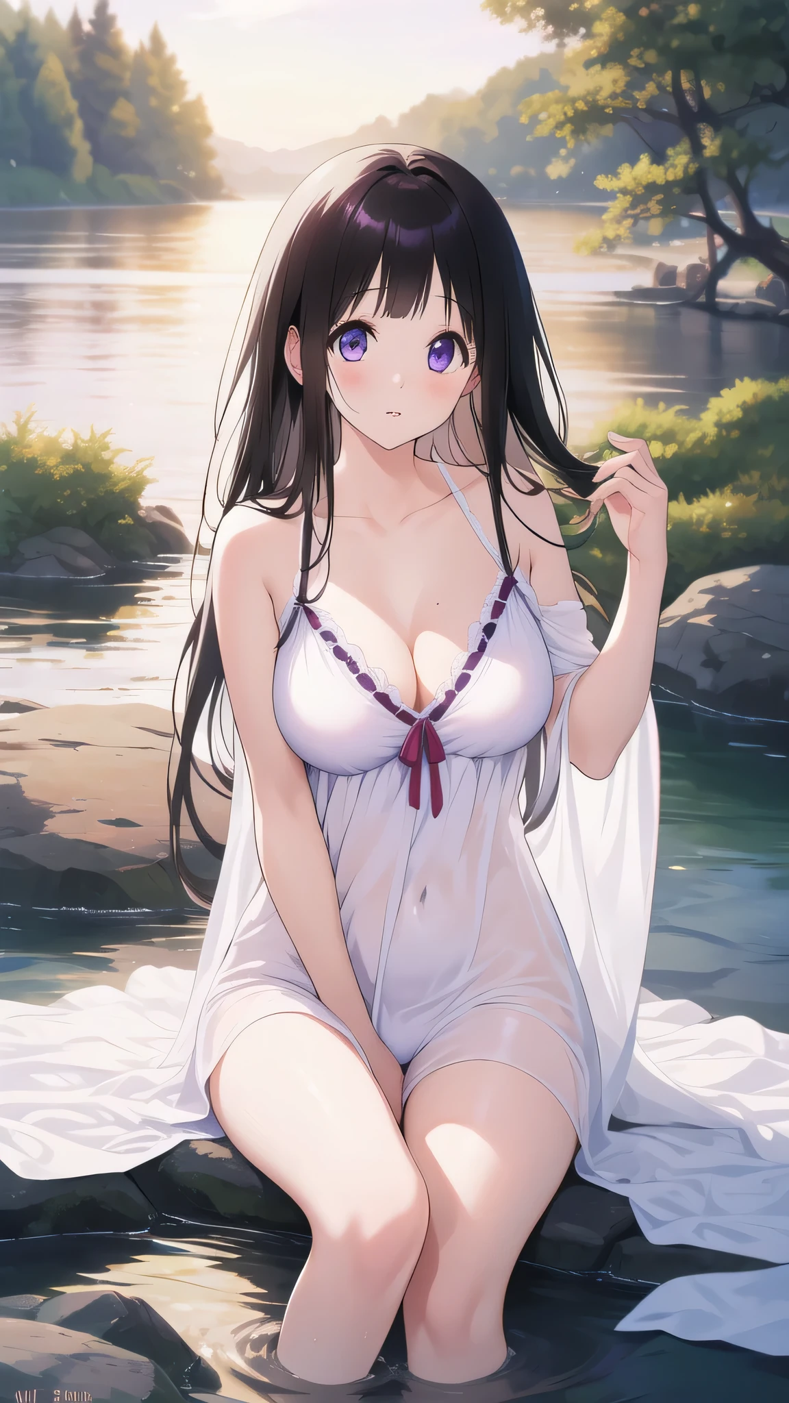 Stunning Chitanda, There is only one beautiful girl,purple eyes, black hair, Naturally straight hair, straight bangs,extremely refined,lips open,flowing long hair,Peerless beautiful girl, dreamlike,Slim,soft, (Sensual), (kawaii), Dream quality,White loose pajamas,no underwear,by the lakeside,Cherry tree,big breasts,bare shoulders,Clavicle exposed,bare neck,Bare thighs,Exposing the groin,camel toe,bare legs,barefoot,extremely shy,ultra high resolution, (masterpiece:1.2, best quality), (Exquisite and beautiful eyes: 1.2), (Beautiful and delicate face)