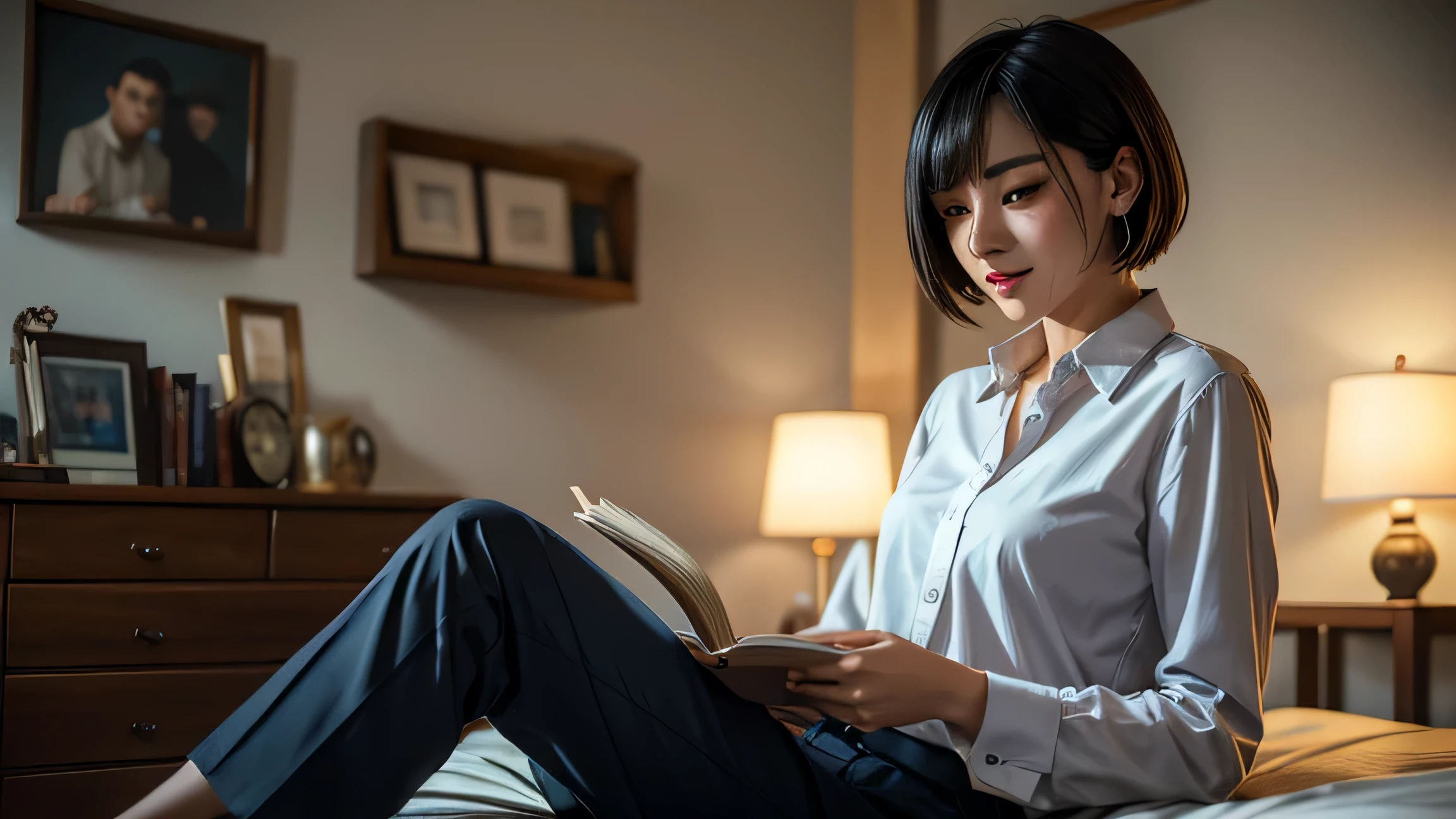 #6-3 A 25 years old caucasian woman with a cheerful smile, sporting a black bob haircut, dressed in a short-sleeved, formal blouse paired with tailored trousers and high heels, small and discreet earrings complementing her small nose, engaging in a reading a book. She is looking to the book and not to the camera. The environment is calm and devoid of electronic devices, highlighting the shift towards activities that offer deeper satisfaction and personal growth. wide aspect ratio