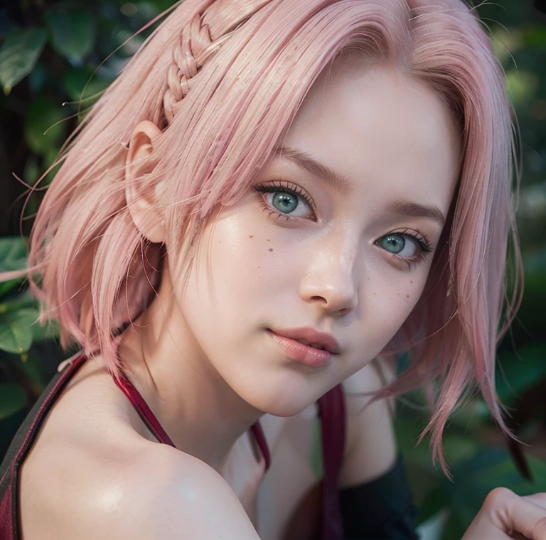 masterpiece, best quality, (realistic,photo-realistic:1.4), (RAW photo:1.2), extremely detailed CG unity 8k wallpaper, delicate and beautiful, amazing,finely detail, official art, absurdres, incredibly absurdres, huge filesize, ultra-detailed,extremely detailed eyes and face,light on face,sakura haruno,(little smile:1.3),(pink hair:1.4),(short hair:1.6),(pine forest background:1.5),(wearing lingerie:1.5),green eyes,necklance