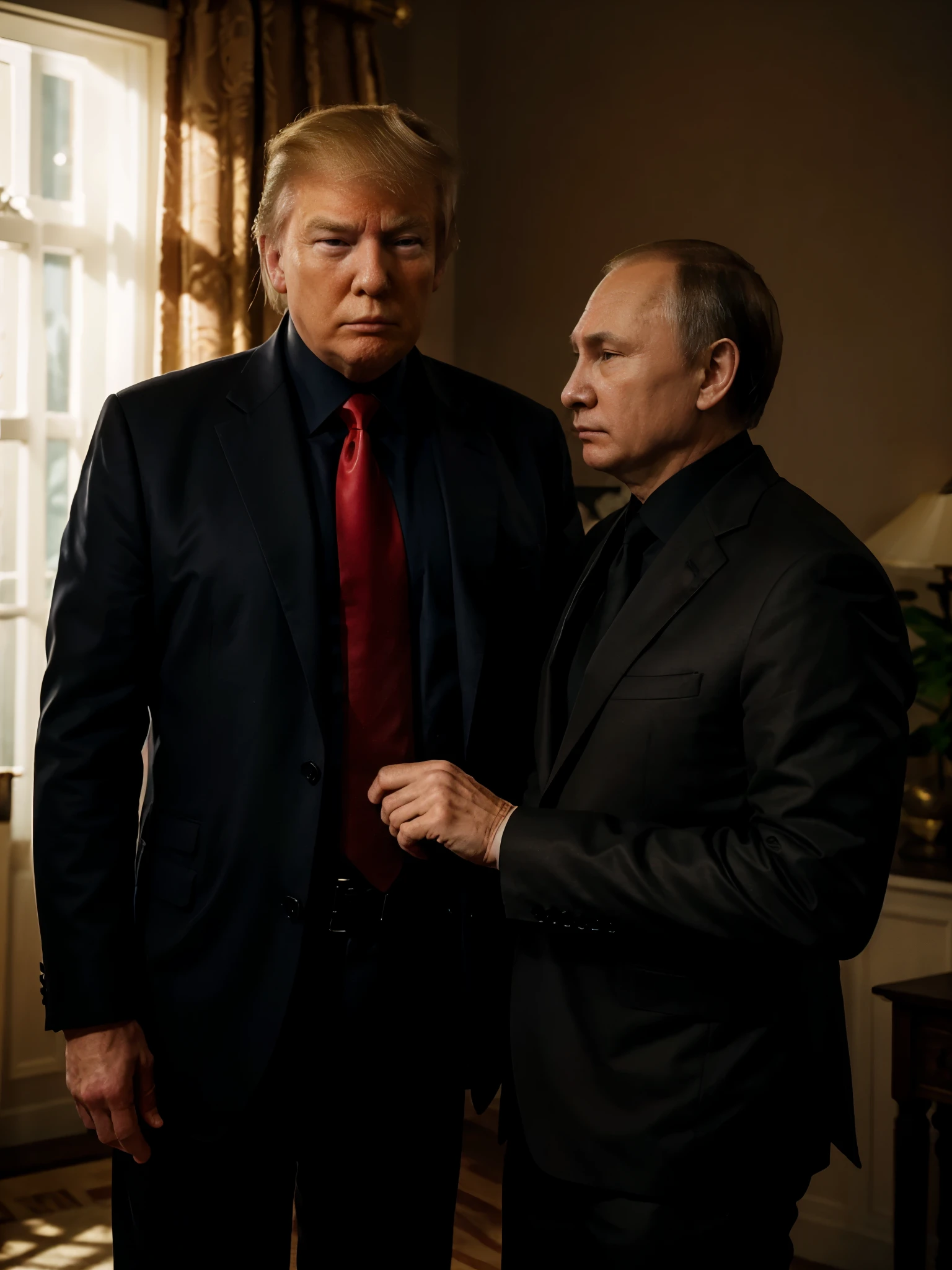 In the low-light room, Two men posing political behave, hugging or shake hands, ((Donald Trump and Vladimir  Putin)), size of Donald Trump:1.2, Facing each other,Among them, The first man is an old man, And the other is young, With an atmosphere of concentration in the discussion between them and a deep look, Wear a black suit, The young man enthusiastic expression, focus two men, Contrast lighting, delicate skin,Cinematic, HD, details , Realistic, Get to know a professional photo, soft lighting, highs quality, Best Quality, 