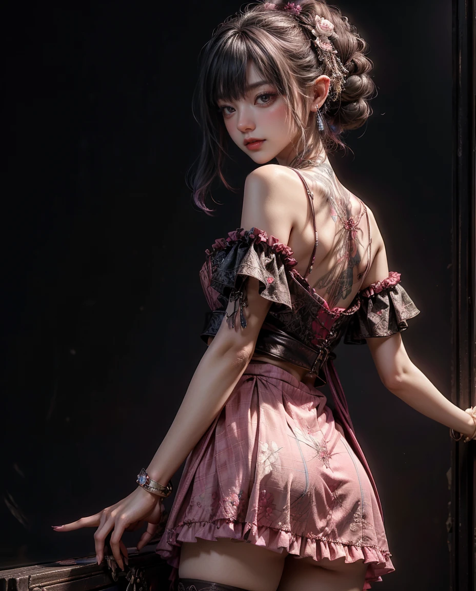 (masterpiece, top quality, best quality, official art, beautiful and aesthetic:1.2), ((dark elf)), ((1girl)), extreme detailed, (fractal art:1.3), colorful, highest detailed, Cowboy shot, from behind, in the style art by Artgerm, by wadim kashin, by Kawacy, by Yoshitaka Amano, BREAK, insanely detailed face, details eye, Blunt bangs, white hair, (hair between eye), eyelashes, violet eyes, eyeshadow, pink eyeshadow, (dark skin:1.2), glaring, smile, BREAK, corsages, jirai kei, (jirai kei fashion:1.1), Frills, Skirts, Various accessories, (ear piercing), punky style, Japanese subculture, fashion, Stockings, colorful, (Dark circles:1.2),