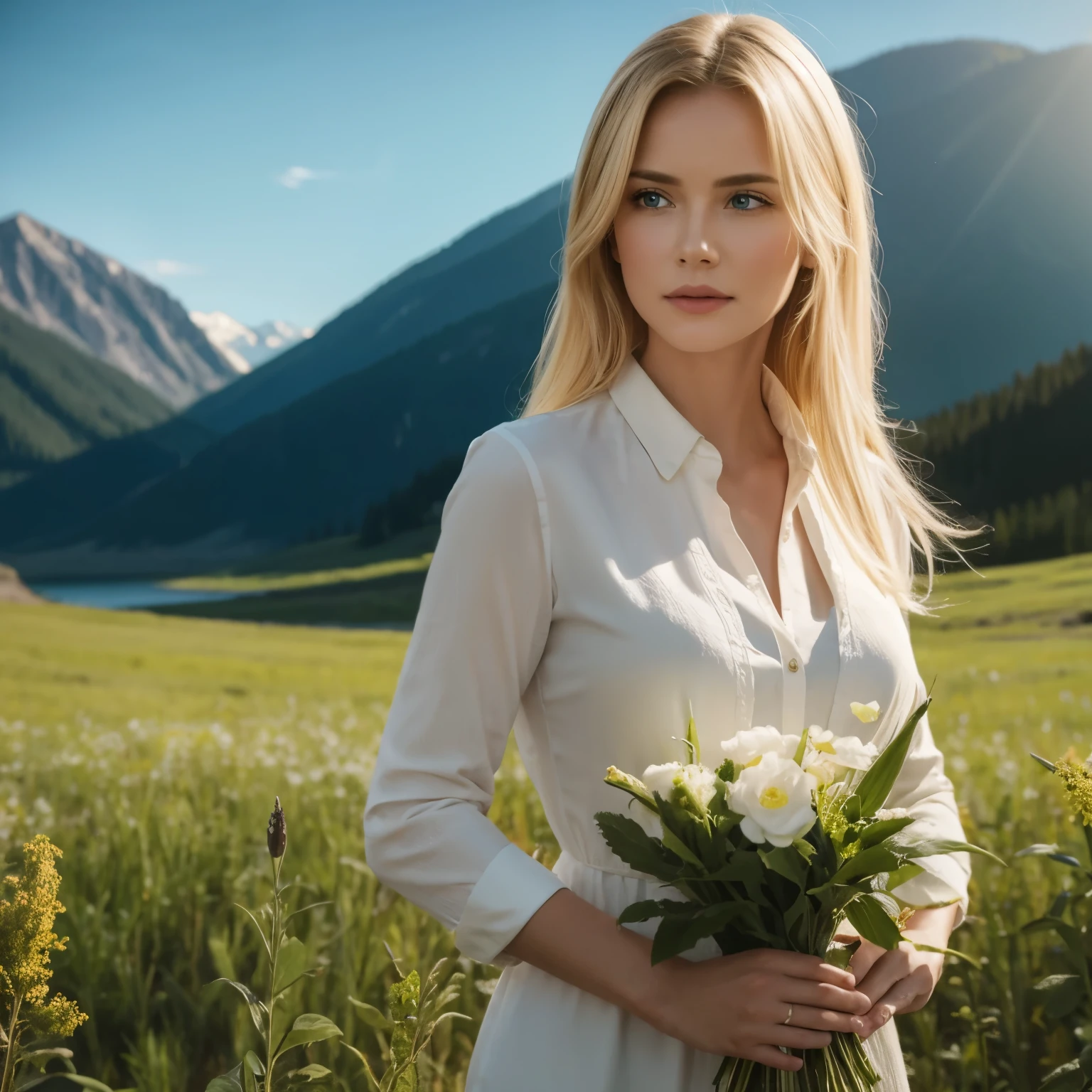 Ultra-realistic action scenes., The 40-year-old beautiful blonde carefully studies the flora and fauna of Altai "Adds highly accurate detail to plants., animal, And girls'surprised expression.'face, 8K, cinematic light, realistic pictures, octane rendering, Centered, masterpiece, 35mm,
