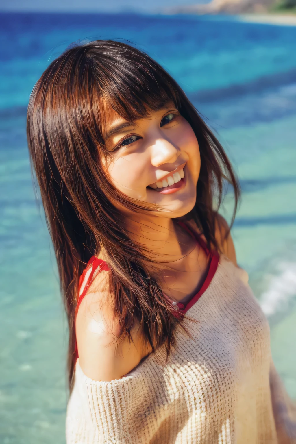 8k, highest quality, masterpiece, super high resolution, (realistic:1.4), RAW Photos, (Film Grain:1.3), One Girl, portrait of a skinny Japanese woman, 30 years old, standing on the beach, a cute face, detailed face, detailed eyes, {short|long} hair, correct body anatomy, photogravure