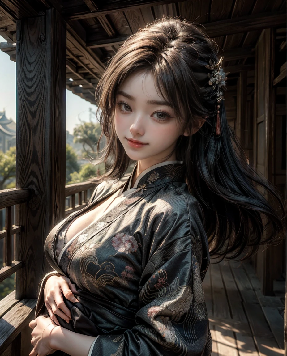 {{masterpiece, best quality, extremely detailed CG, unity 8k wallpaper, cinematic lighting}}, traditional Chinese ink painting, 1girl, 1baby, young woman holding a baby, full body, ancient architecture, blue sky, sunny day, wooden architecture, prominent protagonist, smile, big eyes, beautiful detailed eyes, (big breasts, cleavage), round ass, looking at the audience, long eyelashes,