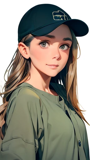 highest quality、realistic、Japanese、girl、zoom、upward glance、cute、gray eyes、long hair、chestnut hair、city、Large khaki green baseball cap、Wear a cap low on your eyes、Khaki green shirt、All the buttons on my shirt are undone、black cut and sew、joy、grin、close up face