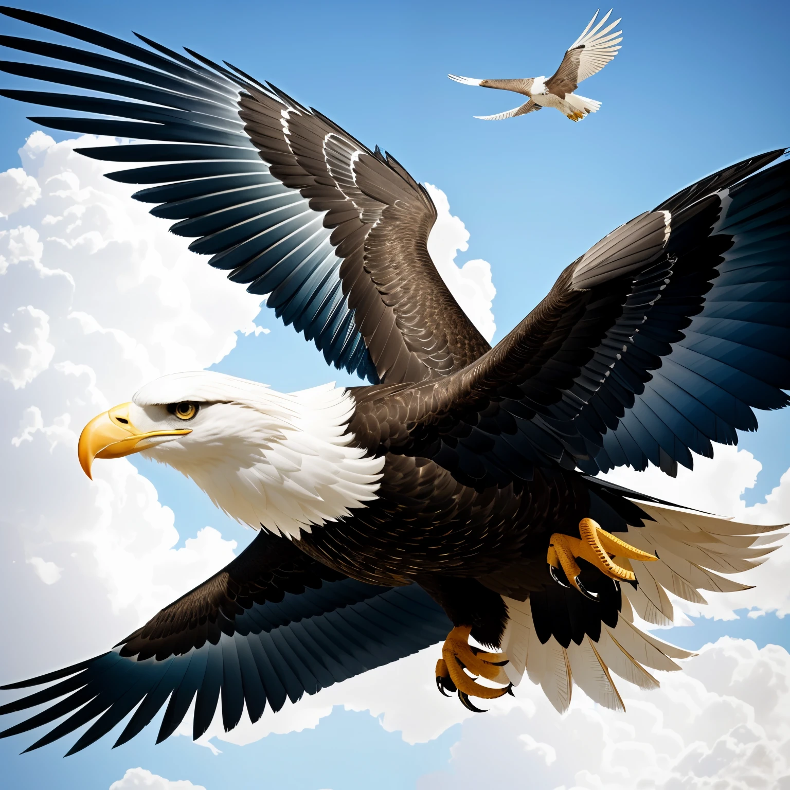An eagle with sharp, piercing eyes and intricately detailed feathers, soaring in the ultra-futuristic year of 20000. This majestic creature, with its powerful beak and wings spread wide, exudes a sense of awe-inspiring beauty and perfection. The highest quality graphics and textures have been used to bring out the hyper-realistic details in every feather, giving the illusion of flying alongside this magnificent bird. Hyperdetailed and hyper-realistic, this image is a cinematic masterpiece and an out-of-this-world experience. (Futuristic background: 1.3), (Detailed wings: 1.