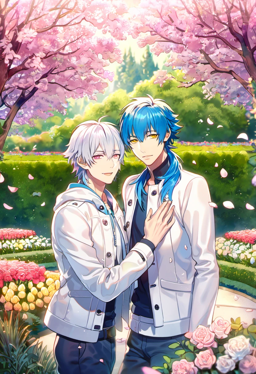 absurdres, highres, ultra detailed, HDR, masterpiece, Clear, white hair, expressive pink eyes, Dramatical Murder, Seragaki Aoba, blue hair, expressive golden eyes, 2men together, gay couple, handsome, petals, garden