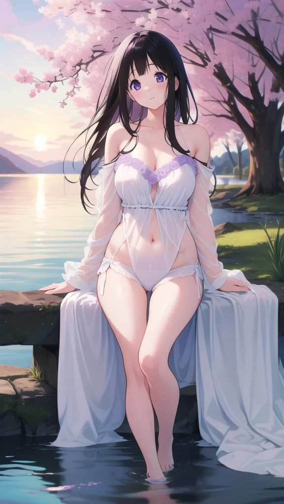 Stunning Chitanda, There is only one beautiful girl，purple eyes, black hair, Naturally straight hair, straight bangs，extremely refined，lips open，flowing long hair，Peerless beautiful girl, dreamlike，Slim，soft, (Sensual), (kawaii), Dream quality，White loose pajamas，no underwear，by the lakeside，Cherry tree，big breasts，bare shoulders，Clavicle exposed，bare neck，Bare thighs，Exposing the groin，camel toe，bare legs，barefoot，extremely shy，ultra high resolution, (masterpiece:1.2, best quality), (Exquisite and beautiful eyes: 1.2), (Beautiful and delicate face)