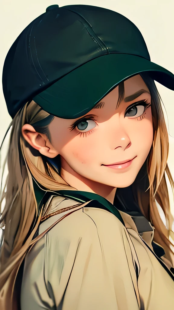 highest quality、realistic、Japanese、girl、zoom、upward glance、cute、gray eyes、long hair、chestnut hair、city、Large khaki green baseball cap、Wear a cap low on your eyes、Khaki green shirt、All the buttons on my shirt are undone、black cut and sew、joy、grin、close up face