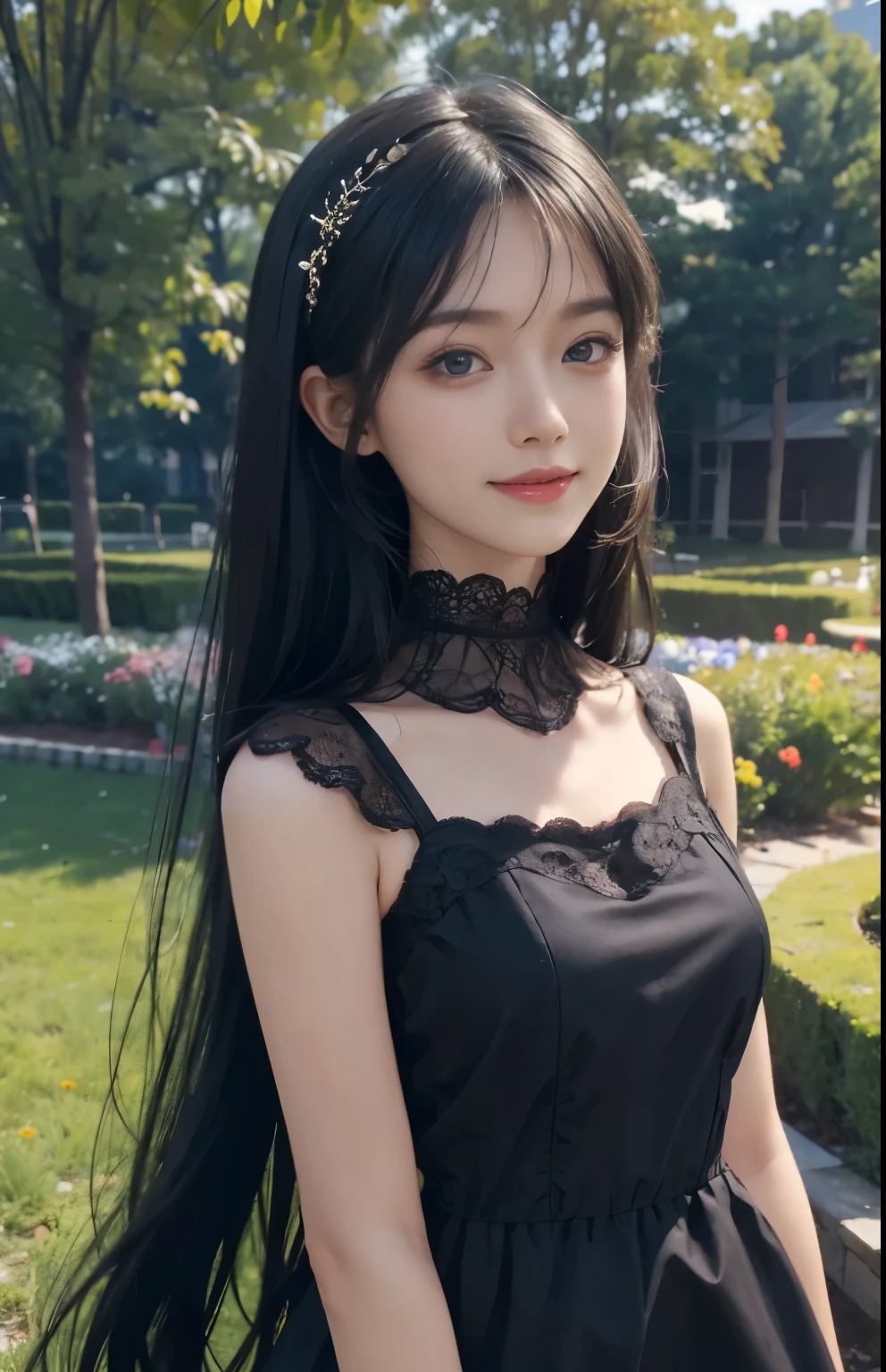 (ultra realistic) , (illustration), (increase resolution), (8K), (extremely detailed), (best illustration), (beautiful detailed eyes), (best quality), (ultra-detailed), (masterpiece),  (wallpaper), (detailed face), solo,1 girl, looking at viewers, black straight hair, delicate details,  in the dark, deep shadow, low key, pureerosfaceace_v1, happy smile, dark summer dress, full body, garden