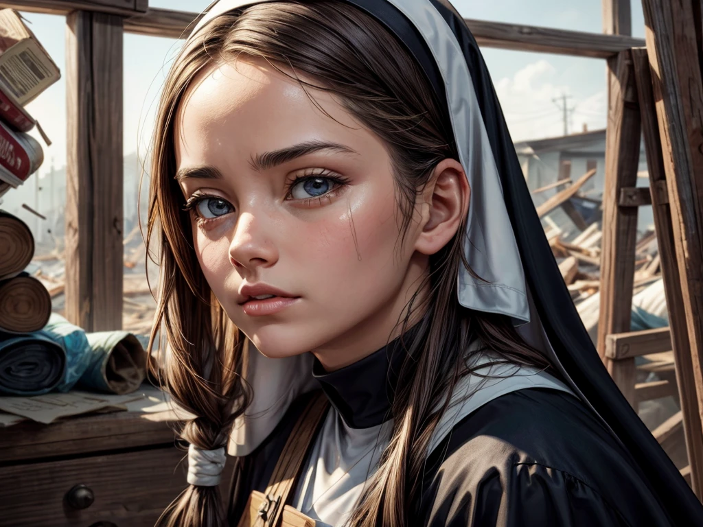 A young nun providing first aid to injured people at a disaster site, oil painting, detailed faces and expressions, vibrant colors, bright sunlight, realistic textures, intense emotions, focused and serious expression, flowing nun's robes, rustic background, debris, dust, emergency medical supplies, serene and determined look, a sense of hope amidst chaos, natural lighting, dramatic composition, strong shadows, soft brush strokes, high-resolution, masterpiece:1.2