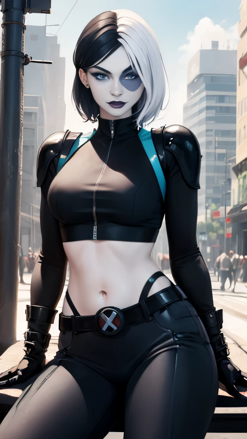 (Highly quality, masterpiece, detailed), city detailed scenario, city detailed background, solo, 1 woman, black hair, white hair highlight, marveldomino, colored skin, makeup, leather cropped top, sleeves, gloves, belt, belly button piercing, bite her lips, blue eyes, sitting on a bench, beautiful eyes, look at the viewer, Sexy pose 