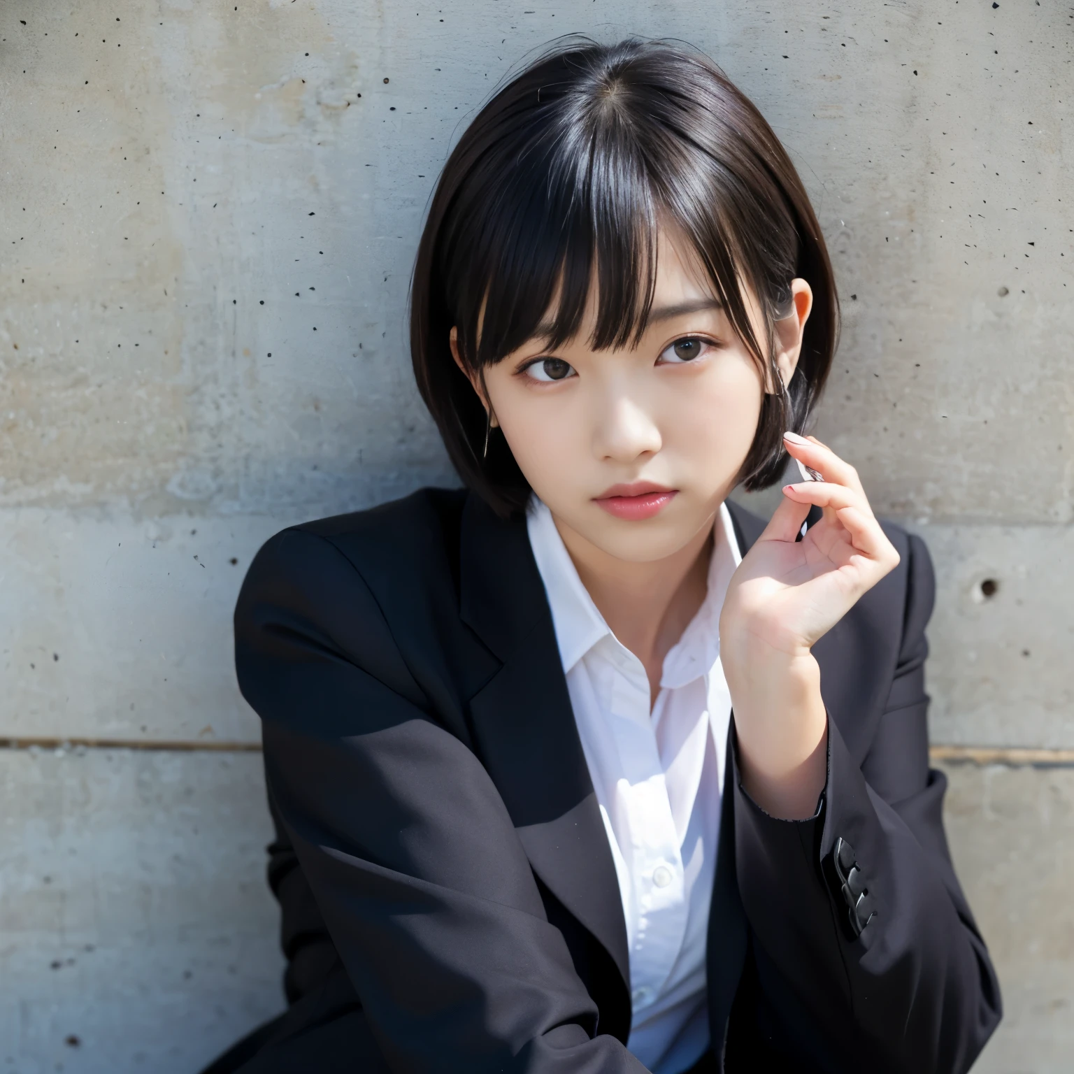Best-quality, Masterpiece, Ultra-High-Resolution, (Photorealistic:1.4), Raw-Photo, 1girl, the most famous Japanese idol, (wearing wearing black jacket, white dress-shirt, black slacks), (sitting against wall, hold a lit cigarette in her left hand, putting her right hand on her right cheek, head tilt), extremely cute face, extremely beautiful big-black-eyes, extremely beautiful black-short-cut-haired, extremely beautiful skins