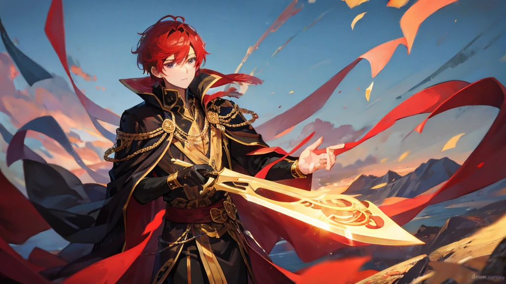 handsome boy, red hair, black eyes, golden crown , black royal clothes, crescent-shaped knife in his hand, 8k resolution, sky