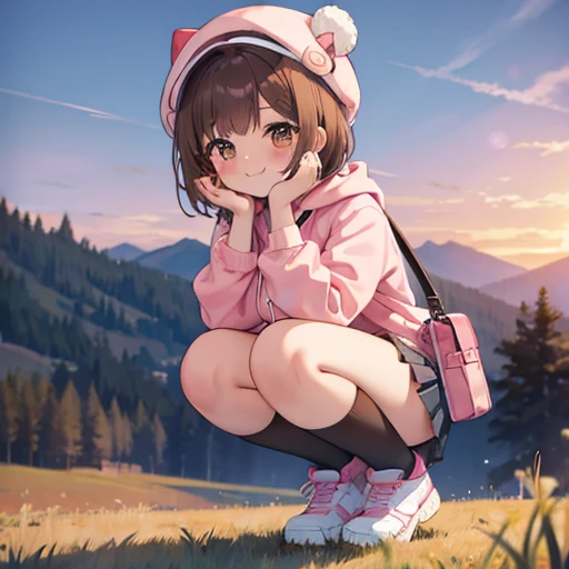 big breasts, brown hair, brown eyes, Wave Shorthair, bangs, blush, bright, pink hoodie, cute hat, Frolic happily, smile, Undress and show your breasts, pink nipples, sunset, rural scenery, nude, black pleated mini skirt, Striped long thigh-high socks, thick legs, Cute Bag, squat, spread legs,