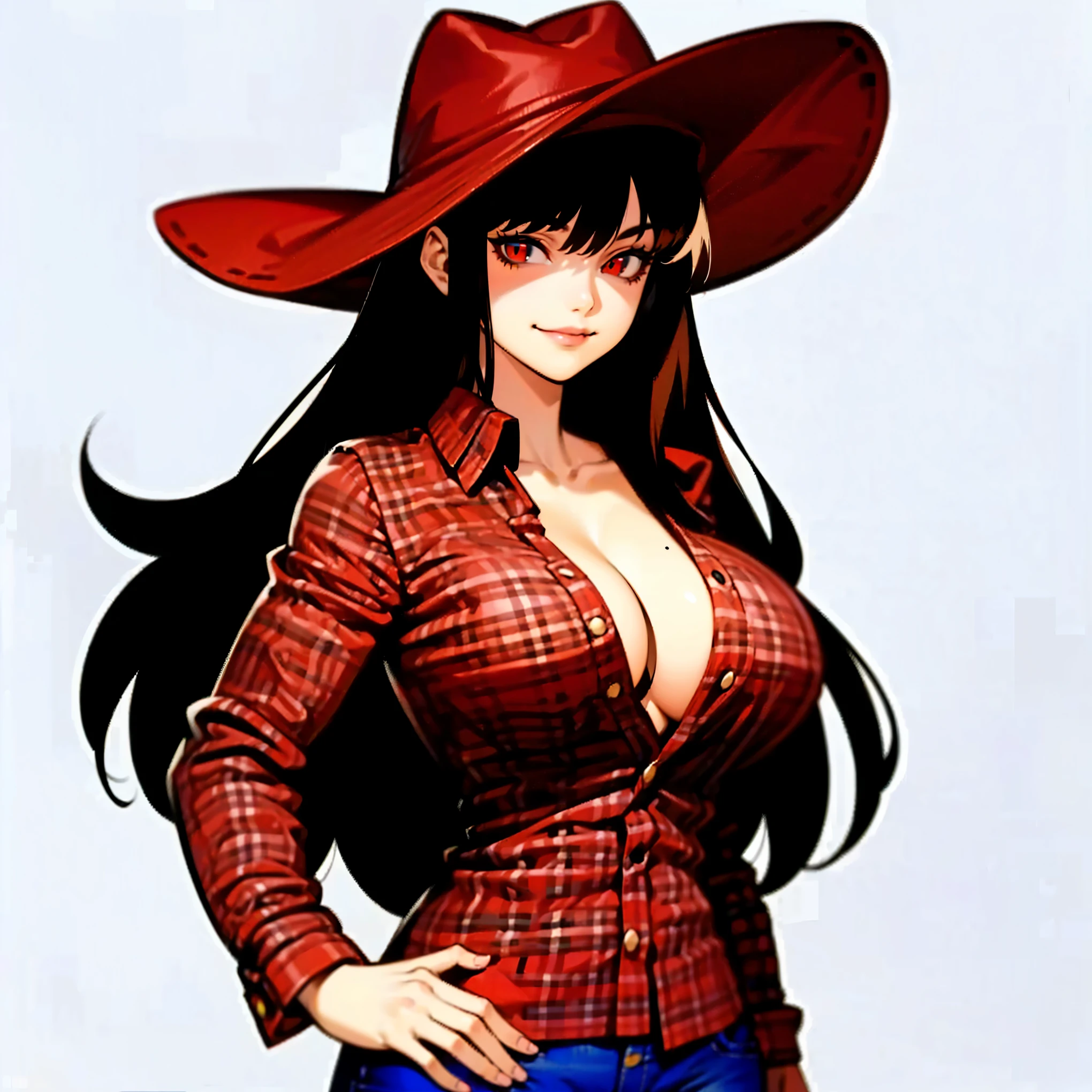 1woman, long dark brown hair, red eyes, Snake Eyes, medium breast, wide hips, cowboy hat, red plaid shirt, jeans, smirk, ((solo)), ((best quality)), ((masterpiece)), portrait, looking at the camera, from the front, simple background, ((detailed)), ((perfect anatomy)), ((detailed art)), ((high definition)), ((4k)), ((high resolution))