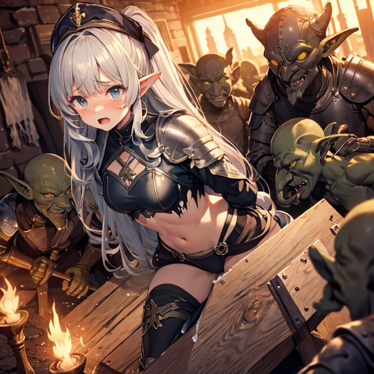 A female medieval fantasy adventurer, wounded, scared face, badly torn-damaged clothes, full body, defeated , tears, cum, full body, in tavern, surrounded by goblins, armor, teared clothes, wooden horse