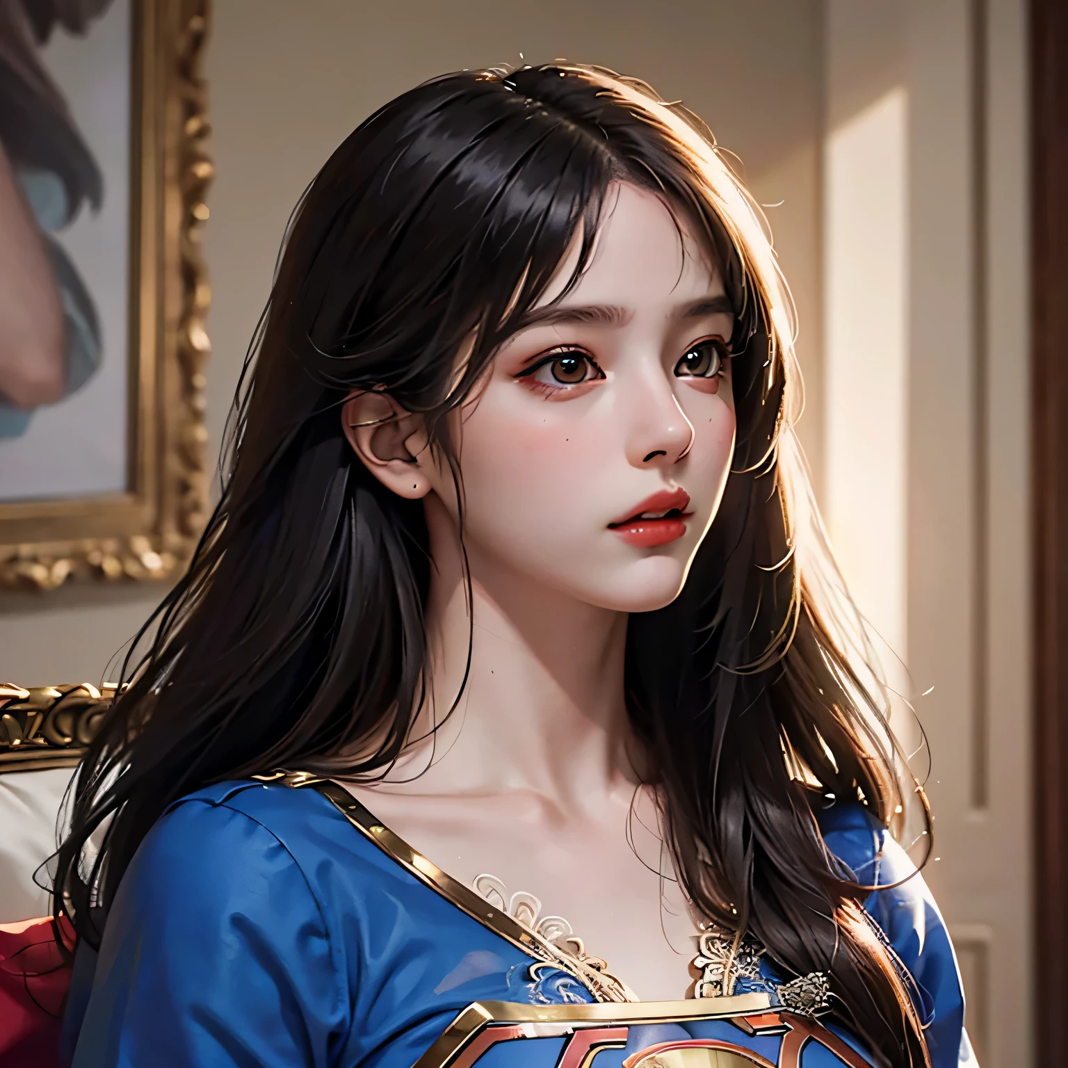 highest quality, realistic, photorealistic, award-winning illustrations, (intricate details: 1.2), (delicate details), (intricate details), (cinematic light, Very sexy long haired supergirl