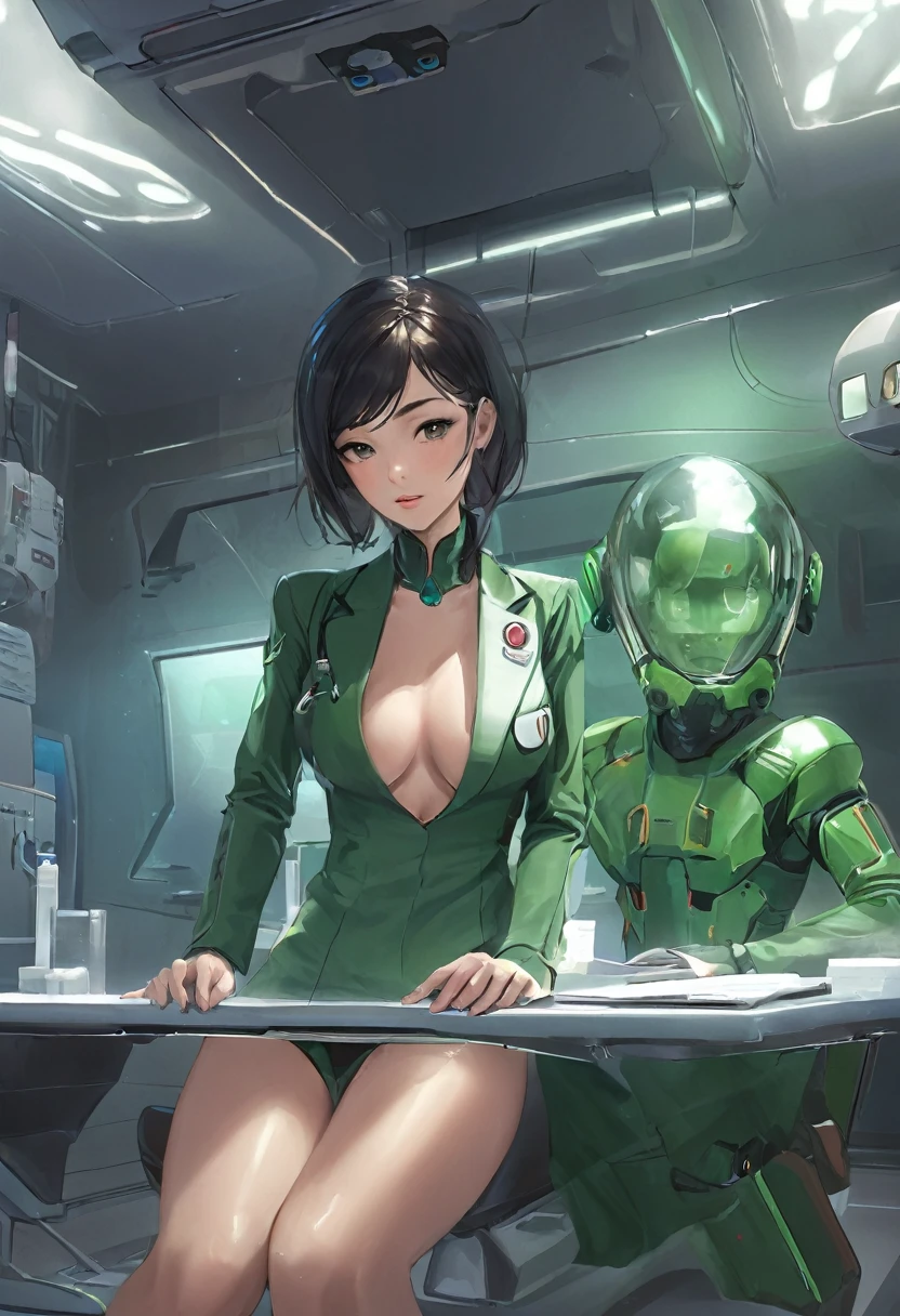 martian space ship, ufo, ((gorgeous female martian doctors, green skin)) in medical exam room, {(hot human asian woman tied to table)}, space, scifi background,