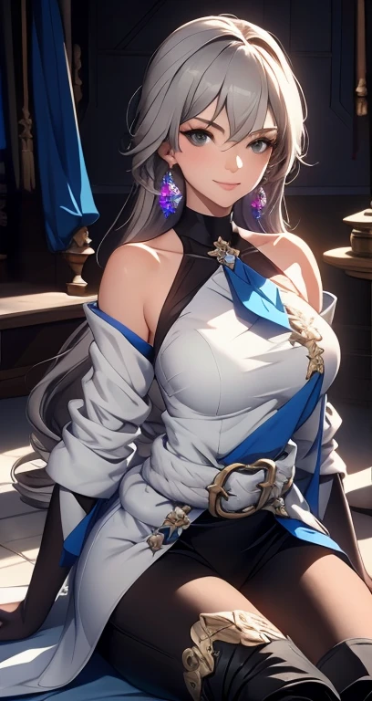 ph bronya, 1girl, solo, jewelry, earrings, long hair, grey hair, bangs, drill hair, bare shoulders, grey eyes, thigh boots, thighhighs, hair between eyes, boots, elbow gloves,sleeveless, black gloves, twin drills, belt, leggings, legs, white dress, breasts, large breasts, huge breasts, black footwear, long sleeves, (masterpiece:1.2, best quality), (finely detailed beautiful eyes: 1.2), (detailed background,dark fantasy), (beautiful detailed face), high contrast, (best illumination, an extremely delicate and beautiful), ((cinematic light)), colorful, hyper detail, dramatic light, intricate details, (sharp face hair between eyes,dynamic angle), swirling black light around the character, depth of field,black light particles,(broken glass),magic circle, looking at viewer, full body, sitting on floor, butt shape, thight hips, smiling,