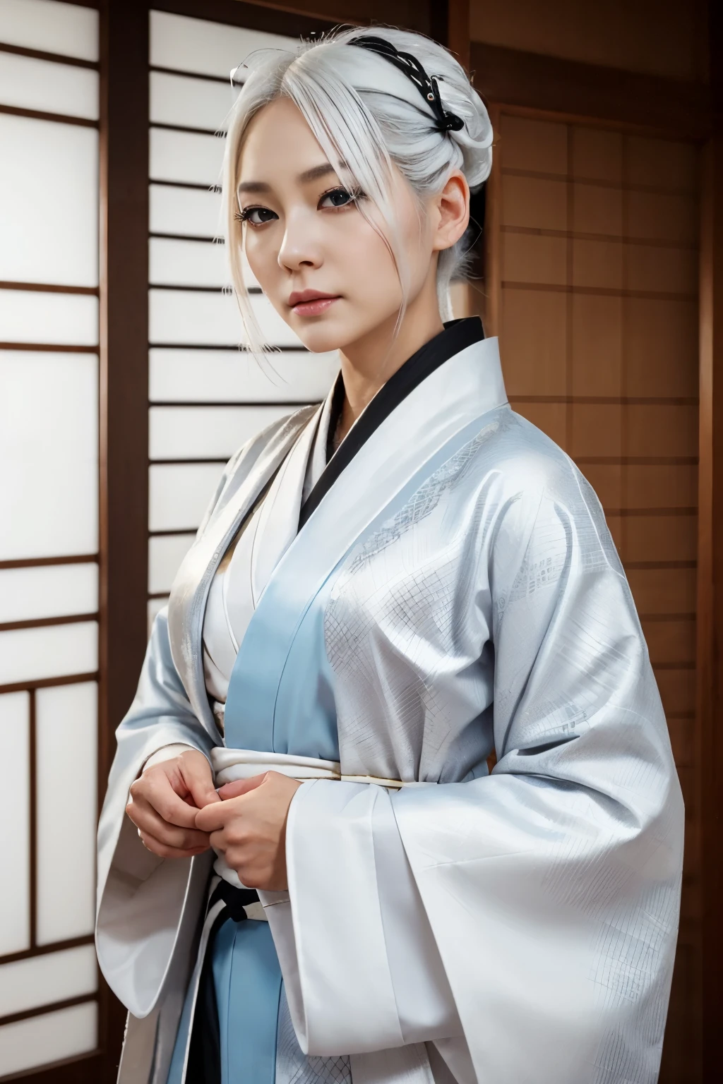 (a beautiful woman, white skin with white snakeskin),(silver hair),(yellow cat eyes),(red stripe makeup under each eye),(she wears a white haori/Japanese coat over a light blue kimono with black hakama/Japanese pants), (expression of tranquility), beautiful face, 8k, extremely detailed