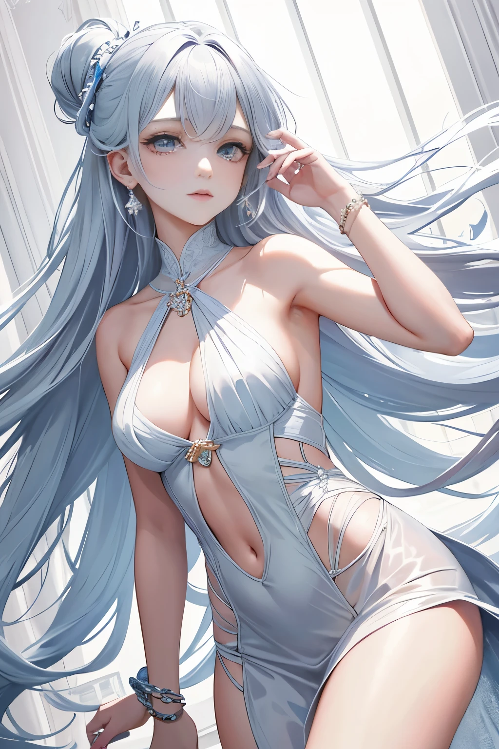 A mesmerizing young woman, with flowing hair, delicately holds a luminous night pearl in her hand. The minimalistic setting showcases a modern style that exudes elegance and sophistication.