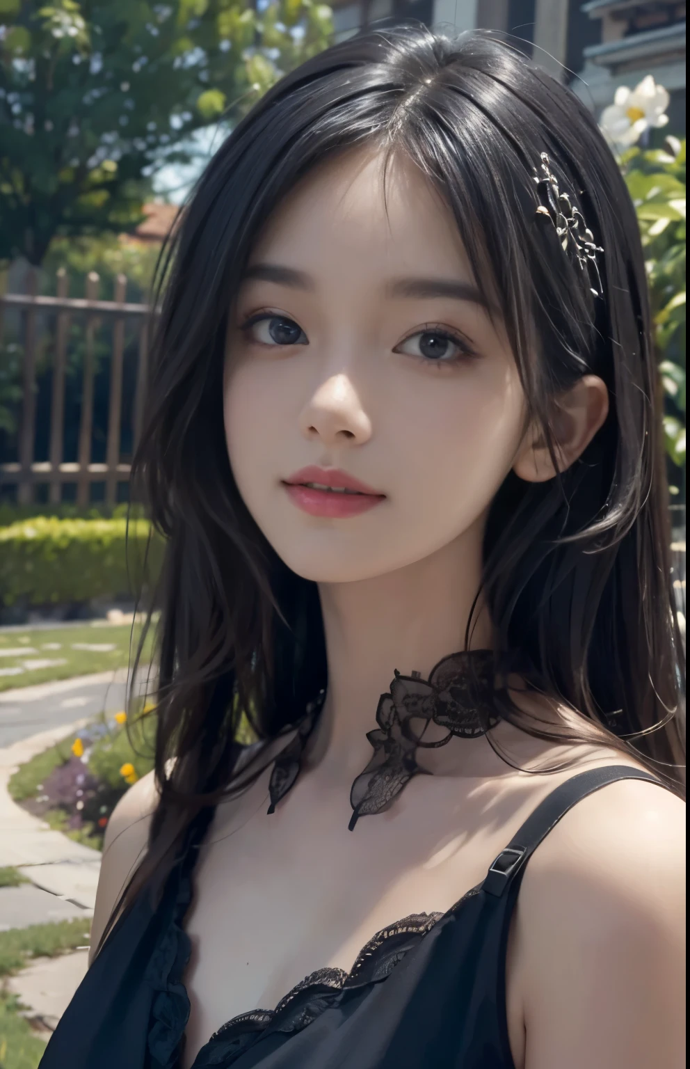 (ultra realistic) , (illustration), (increase resolution), (8K), (extremely detailed), (best illustration), (beautiful detailed eyes), (best quality), (ultra-detailed), (masterpiece), (wallpaper), (detailed face), solo,1 girl, looking at viewers, black straight hair, delicate details, in the dark, deep shadow, low key, pureerosfaceace_v1, happy smile, dark summer dress, full body, garden
