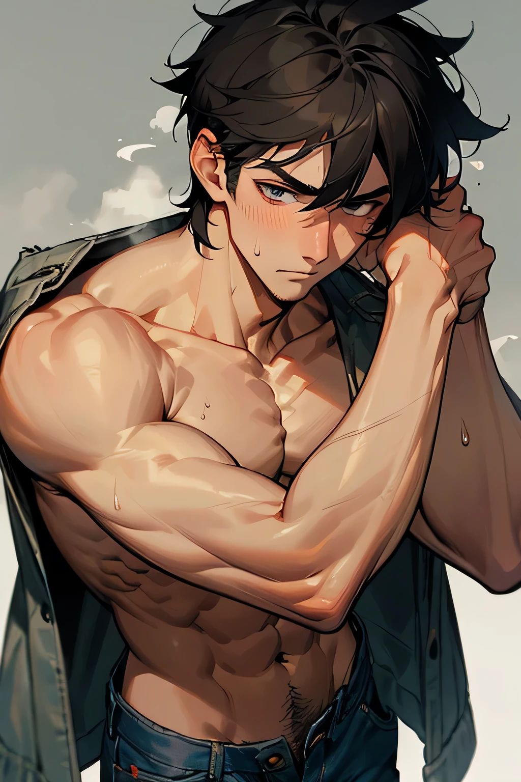 shirtless super muscular sweat-drenched tired 23-year old short black hair handsome caucasian male, tattered jeans, hands on the head