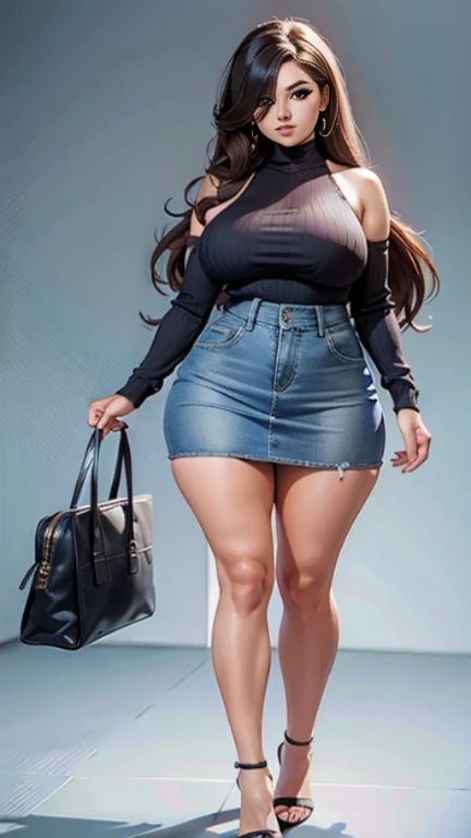 nsfw:1.4, full body, Full body shot of 1 beautiful woman, adult, large body, voluptuous woman, (very long straight hair),( brunette hair), outlined eyelids, made-up eyelids, turtleneck sweater, scarf, neckline, (blue mini denim skirt, black handbag), tempting , dreaming, curvy hourglass figure, oppai proportion, tight skirt , tall