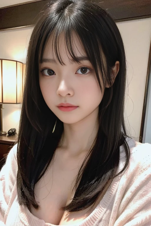 random pose、highest quality、超A high resolution、(Photoreal:1.5)、1 girl、25 years old,black sweater、(long haired person:1.2)、(huge breasts:1.2)、ryokan、looking at the viewer、Close-up、Full body Esbian、Spiteful eyes、troubled face