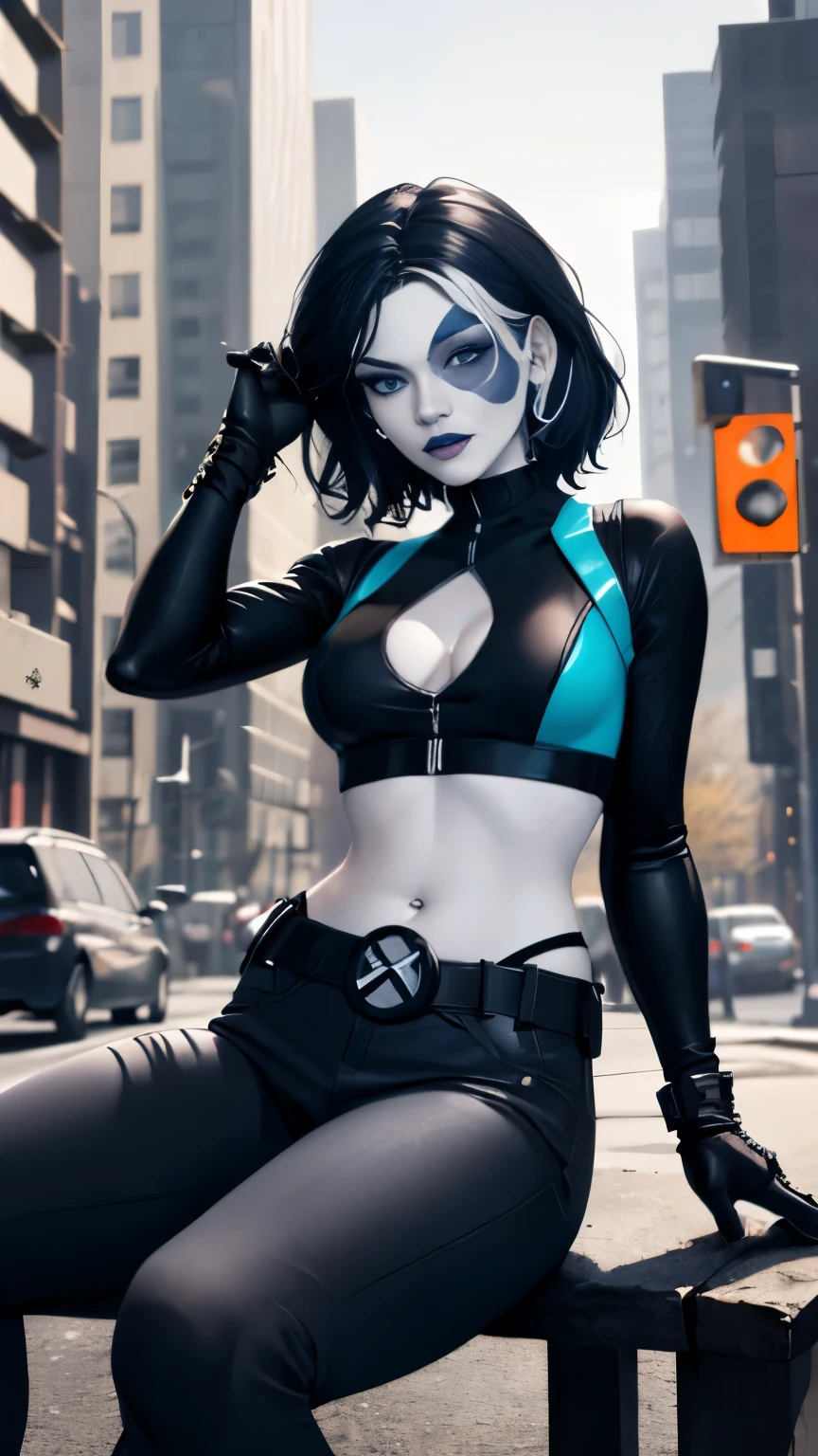 (Highly quality, masterpiece, detailed), city detailed scenario, city detailed background, solo, 1 woman, black hair, white hair highlight, marveldomino, colored skin, makeup, leather cropped top, sleeves, gloves, belt, belly button piercing, bite her lips, blue eyes, sitting on a bench, beautiful eyes, look at the viewer, Sexy pose
