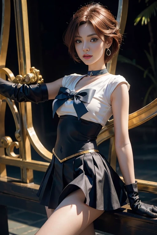close up, 1 girl, sailor neptune, (sailor senshi:1.2), (aqua eyes:0.9), dark red hair, short hair, Wedge skirt, best quality, earrings, masterpiece, high resolution, intricate details, (Reality), photography, (Black Elbow Gloves:1.1), jewelry, medium breasts, whole body, dynamic background, dynamic poses