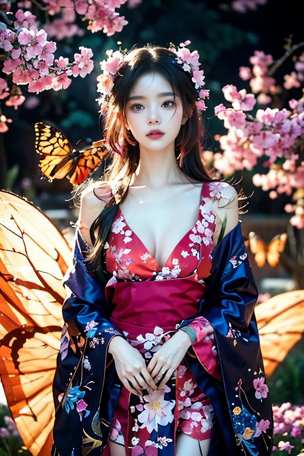 High resolution, masterpiece, cherry blossoms, spectacular light, ukiyo-e, butterfly garden, colorful, kimono woman, cowboy shot, elegance,