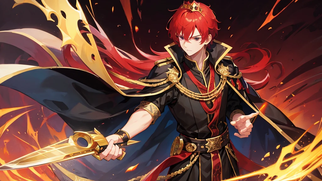 handsome boy, red hair, black eyes, golden crown , black royal clothes, crescent-shaped knife in his hand, 8k resolution, sky