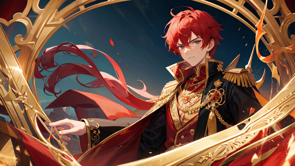 handsome boy, red hair, black eyes, golden crown , black royal clothes, crescent-shaped knife in his hand, 8k resolution, sky