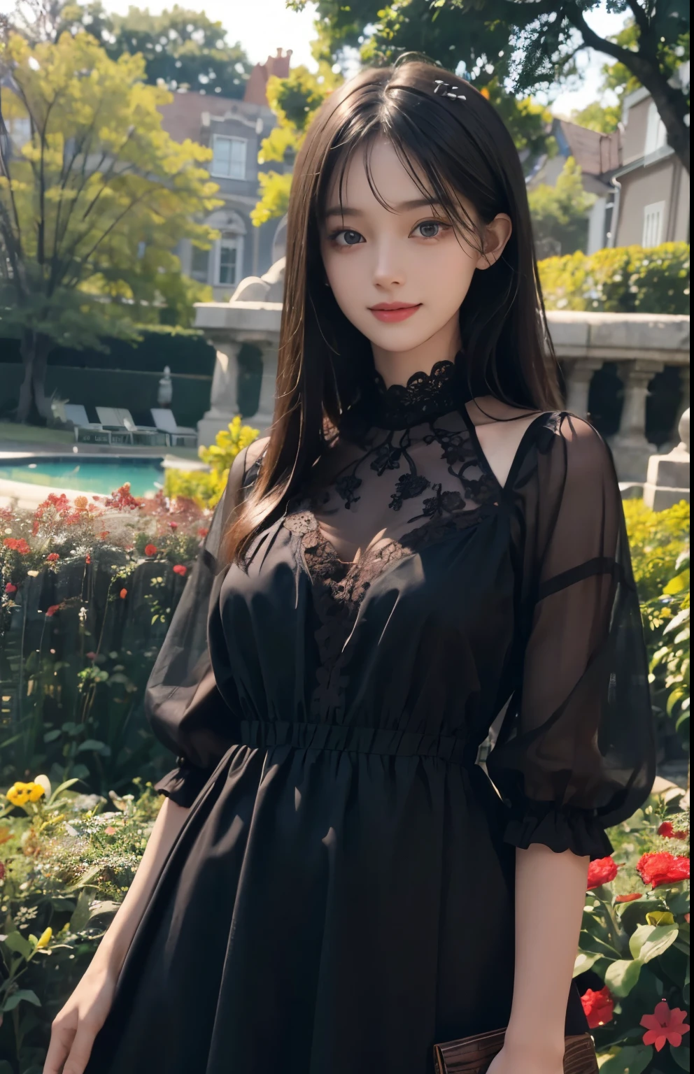 (ultra realistic) , (illustration), (increase resolution), (8K), (extremely detailed), (best illustration), (beautiful detailed eyes), (best quality), (ultra-detailed), (masterpiece),  (wallpaper), (detailed face), solo,1 girl, looking at viewers, black straight hair, delicate details,  in the dark, deep shadow, low key, pureerosfaceace_v1, happy smile, dark summer dress, full body, garden