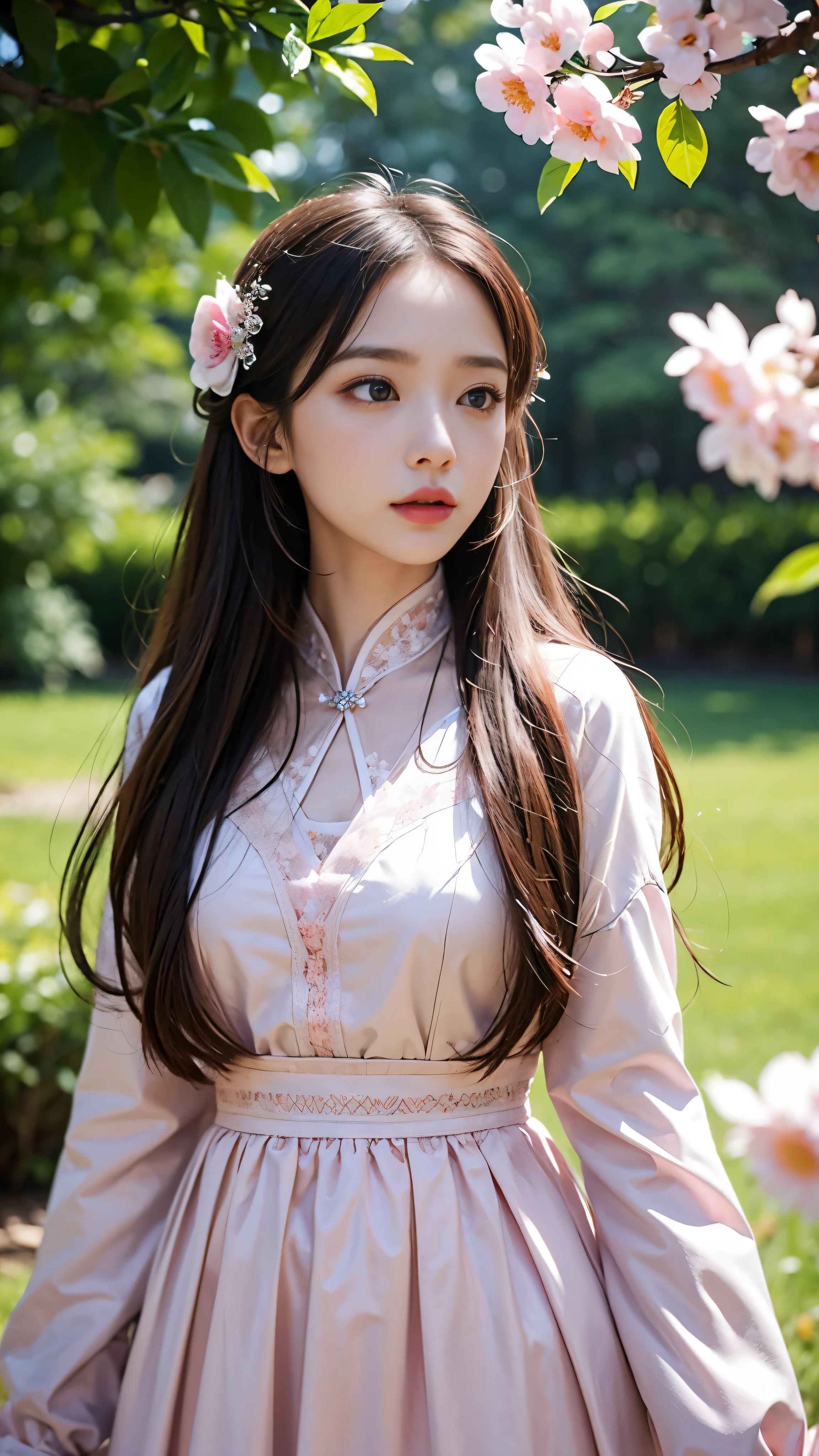 In the midst of a daytime scene enveloped in silence、A magnificent work of art unfolds。A girl in a pink dress、A flower that embodies the epitome of a perfect woman々Standing in。A woman with long chestnut hair、Her serious attitude and cold grey-blue eyes give her a captivating charm.。Her lips are pale pink、Highlights delicate and exquisite facial features。 A standing bow adorns her、When the tassels sway in the breeze、She is gazing happily into the distance。From the delicate stitching of pink、You can see the intricate details of her outfit.