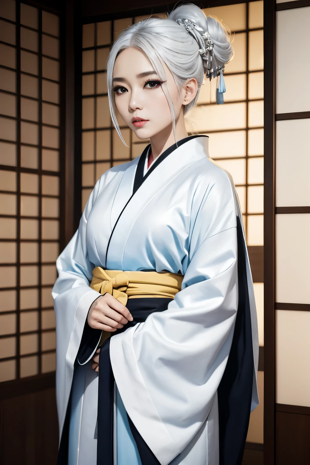 (a beautiful woman, white skin with white snakeskin),(silver hair),(yellow cat eyes),(red stripe makeup under each eye),(she wears a white haori/Japanese coat over a light blue kimono with black hakama/Japanese pants), (expression of tranquility), beautiful face, 8k, extremely detailed