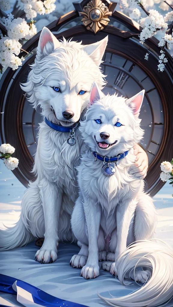 A dog from the Husky breed, distinguished by its bright white fur and beautiful blue eyes