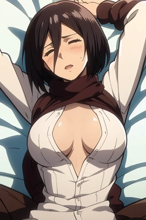 ((highest quality)), ((masterpiece)), (become familiar with), perfect face,On your back,humiliating,to be tied up,gasp,tits,bed,sleep,open your eyes,sweaty,blush,whole body、whole body,My chest is rubbed