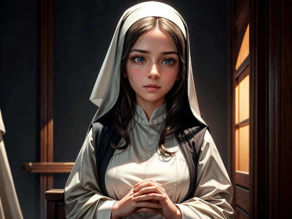 In a disaster-stricken scene, a young nun providing first aid to injured individuals. (best quality,4k,8k,highres,masterpiece:1.2), ultra-detailed, (realistic,photorealistic,photo-realistic:1.37), HDR, UHD, studio lighting, professional. The nun has kind, determined eyes. She has a gentle smile with beautiful detailed lips. Her face shows deep compassion, and her long eyelashes enhance her caring expression. She wears a traditional nun habit, which is pristine and neatly arranged. Her hands are skillfully conducting first aid procedures. The scene is dimly lit, with soft, natural lighting falling on the nun's face and hands. The overall atmosphere is calm yet urgent, conveying the urgency and focus on providing immediate help in a chaotic situation.
